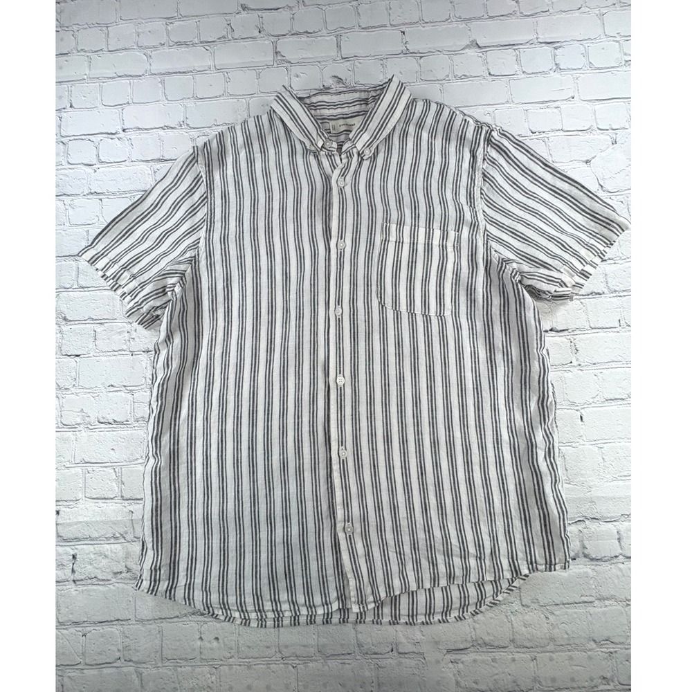 Everlane Linen Button Up Mens XL White Navy Good Striped Short Sleeve Shirt